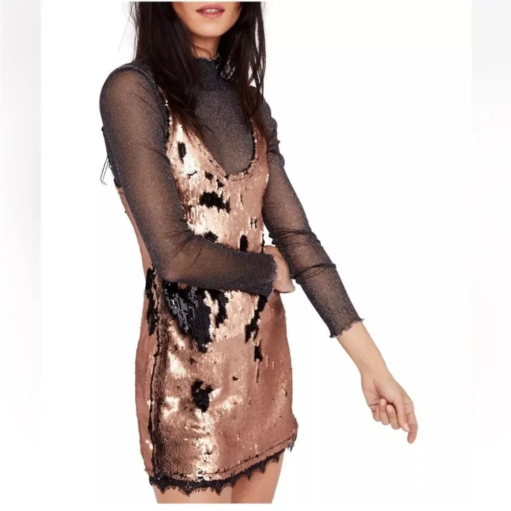 Free People Seeing Double Sequin Slip Dress in Black and Rose Gold S NWOT